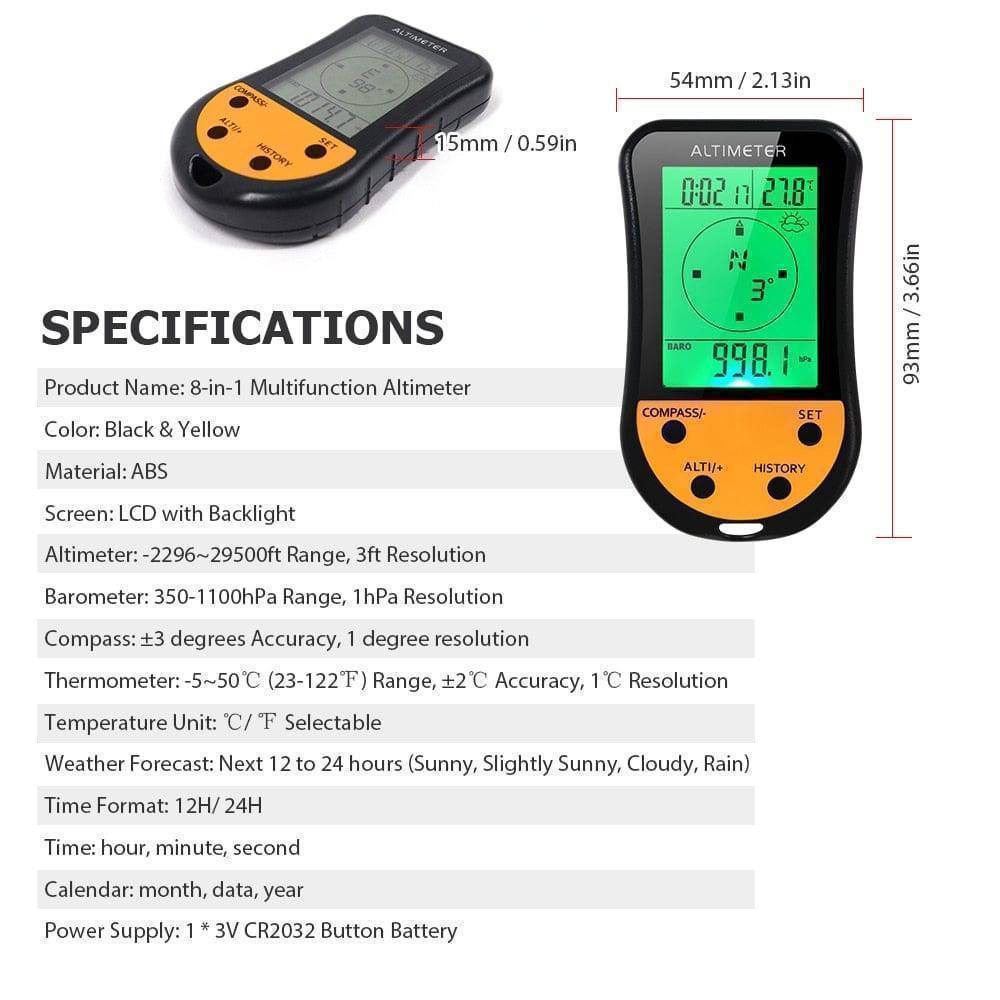 Survival Gears Depot 8-in-1 Multifunction Digital Altimeter with Barometer, Compass, Thermometer, Weather Forecast, Clock, and Calendar