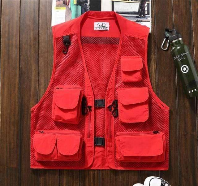 Men's Utility Multi Pocket Zip Jacket Multi Pocket Waistcoat Hunting Fishing  Travel Outdoor Vest Red XXL 
